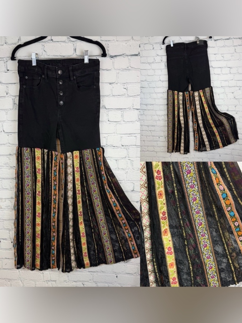 One of a Kind American Eagle Button Up Fly with Ribboned Lace Bell Bottoms